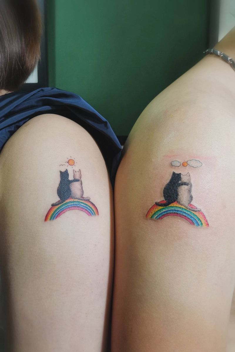 猫咪哥俩好纹身图片_手臂New School猫纹身图案