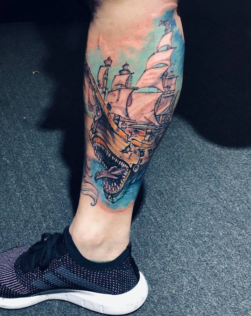鲨鱼号～航海士纹身图片_腿部脚部点刺New School纹身图案