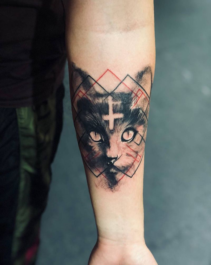 黑猫男友纹身图片_手臂点刺几何纹身图案