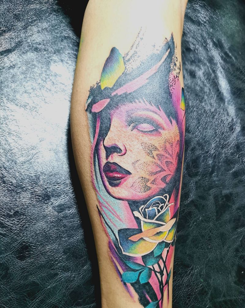 色彩欧美人像纹身图片_腿部欧美写实人物纹身图案