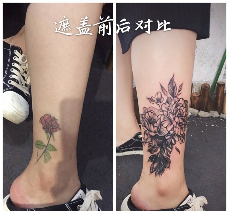 遮盖，素花纹身图片_腿部脚部New School素花纹身图案