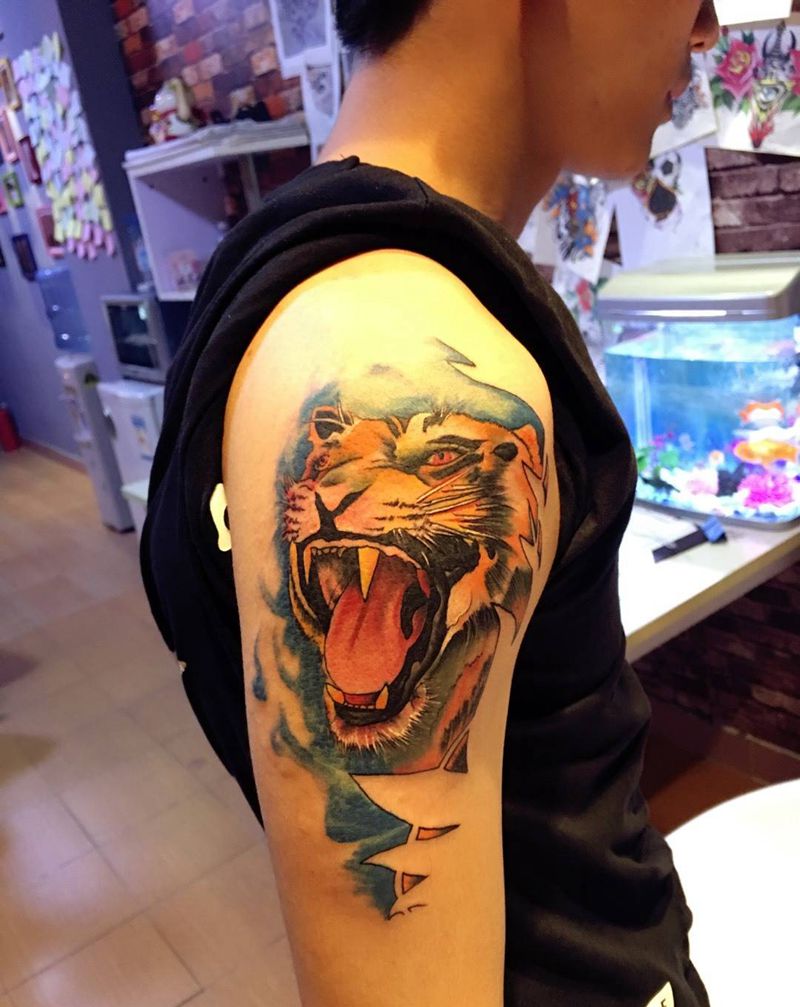 老虎纹身图片_动物手臂欧美纹身图案