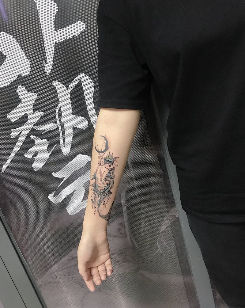手臂美人鱼纹身图片_手臂水彩美人鱼泼墨纹身图案