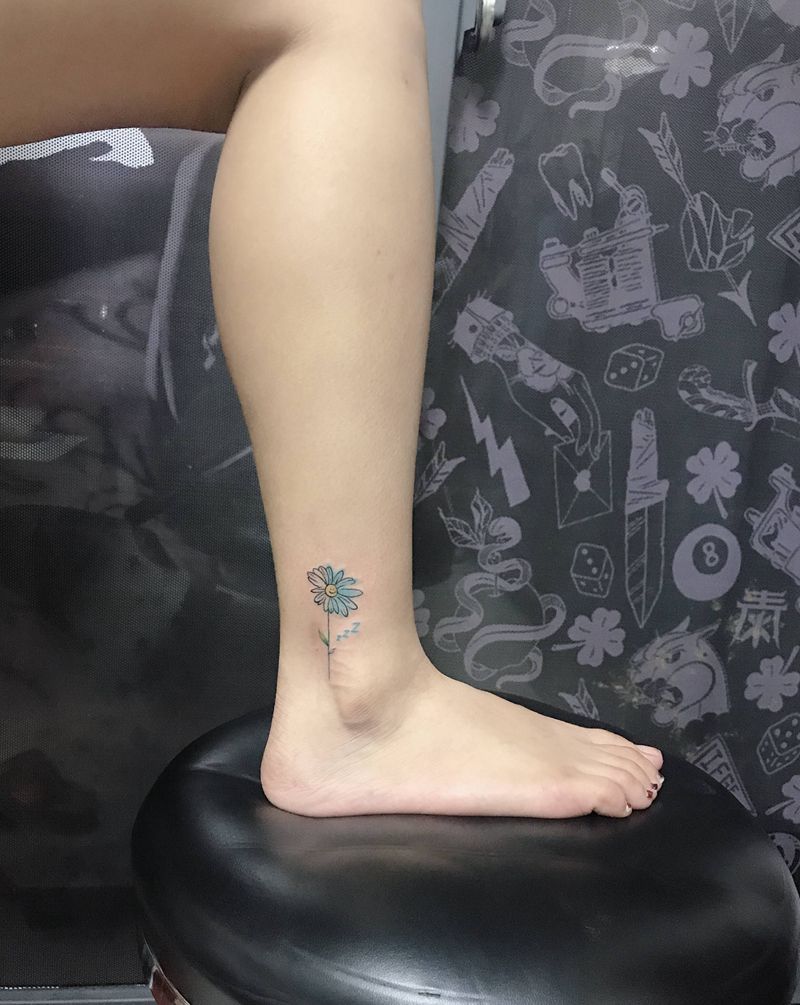 小清新纹身图片_腿部水彩小清新水彩向日葵纹身图案