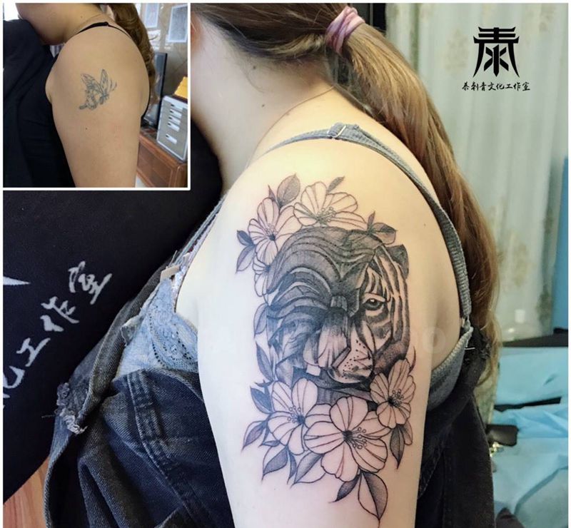 遮盖纹身图片_手臂老虎素花纹身图案