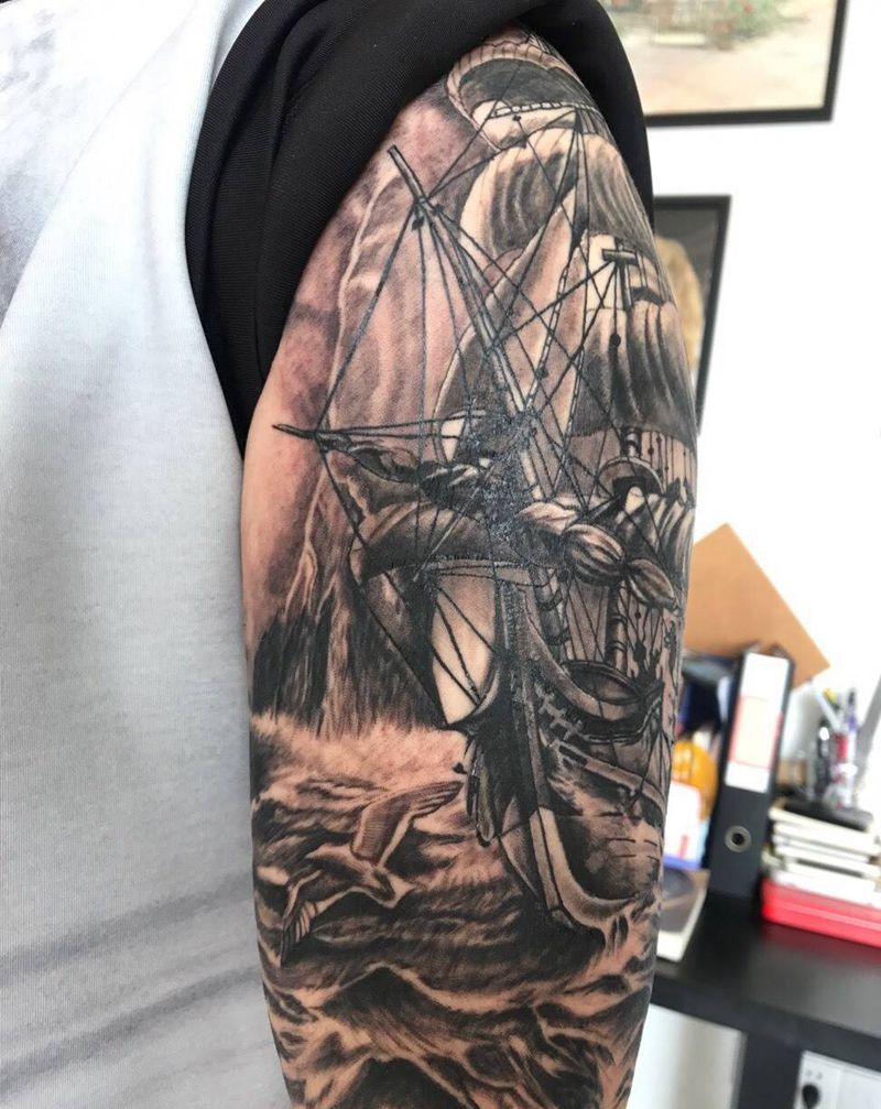 船纹身图片_手臂欧美写实纹身图案