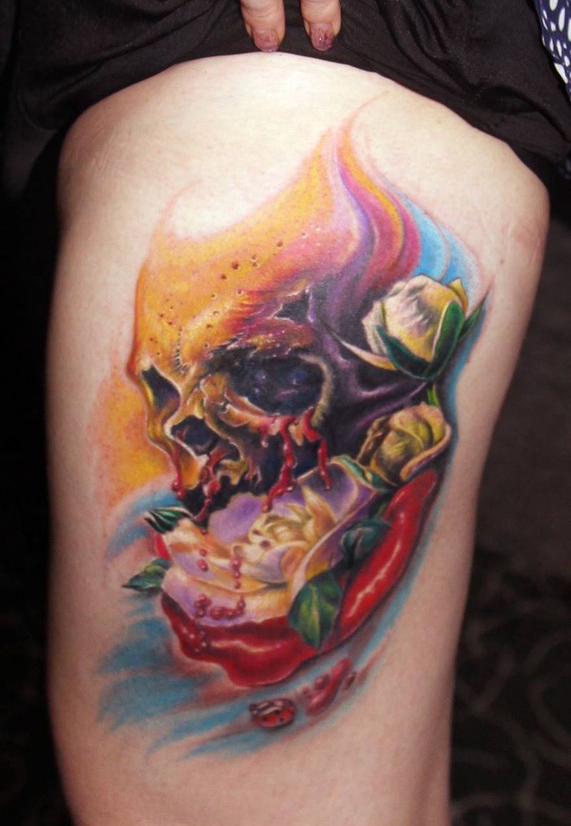 彩色骷髅头纹身纹身图片_腿部成品欧美脚部鬼神纹身图案