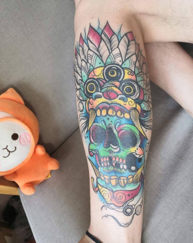 印第安骷髅恢复后效果纹身图片_脚部New School水彩纹身图案