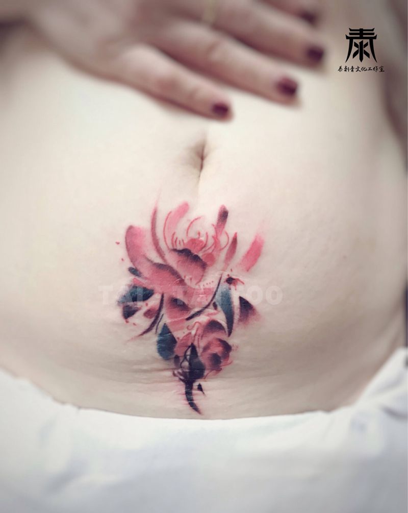遮盖纹身图片_腹部水彩妊娠纹花遮盖纹身图案