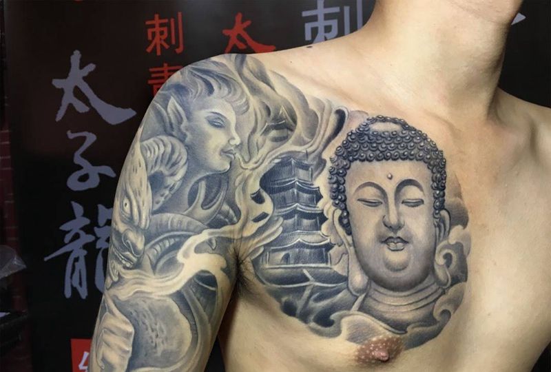 佛魔半胛纹身纹身图片_手部手臂胸部肩部成品原创欧美纹身图案