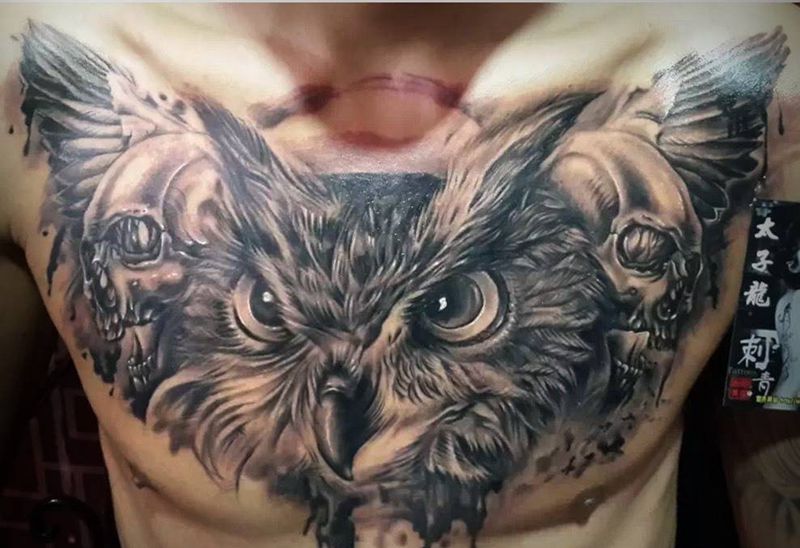 猫头鹰纹身图片_胸部纹身图案