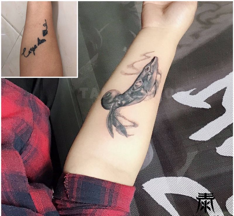 遮盖纹身图片_手臂点刺鲸鱼星空纹身图案