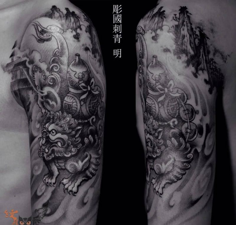 貔貅纹身图片_腿部手臂手部脚部传统国画动物纹身图案