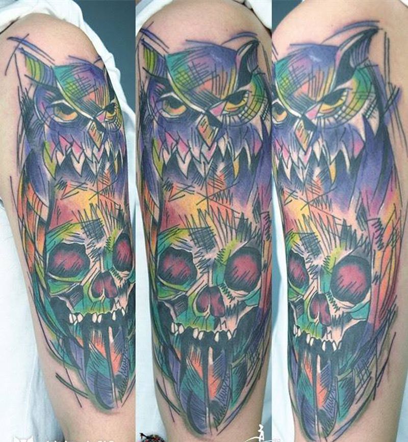 水彩猫头鹰纹身图片_成品手臂欧美写实纹身图案