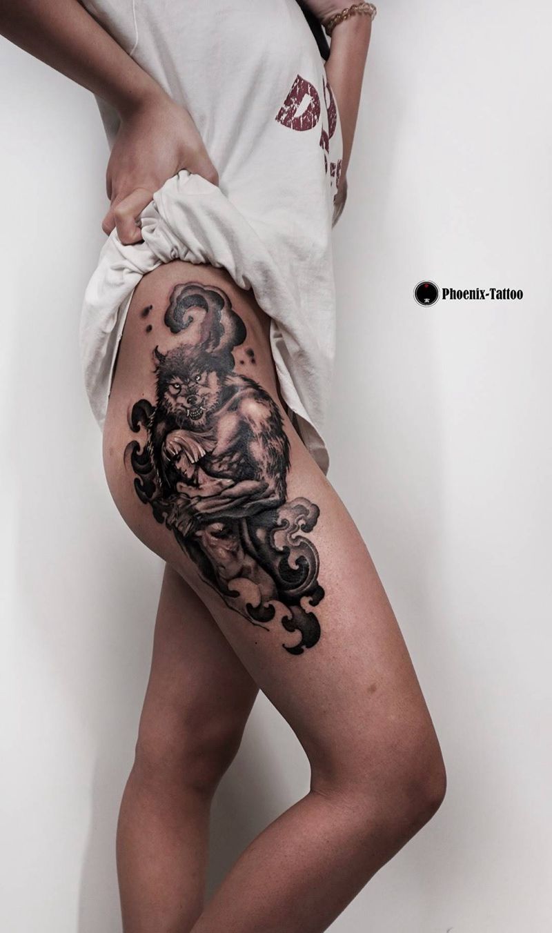 手绘狼美女纹身图片_手稿插画成品腿部欧美人物原创动物手绘素描纹身图案