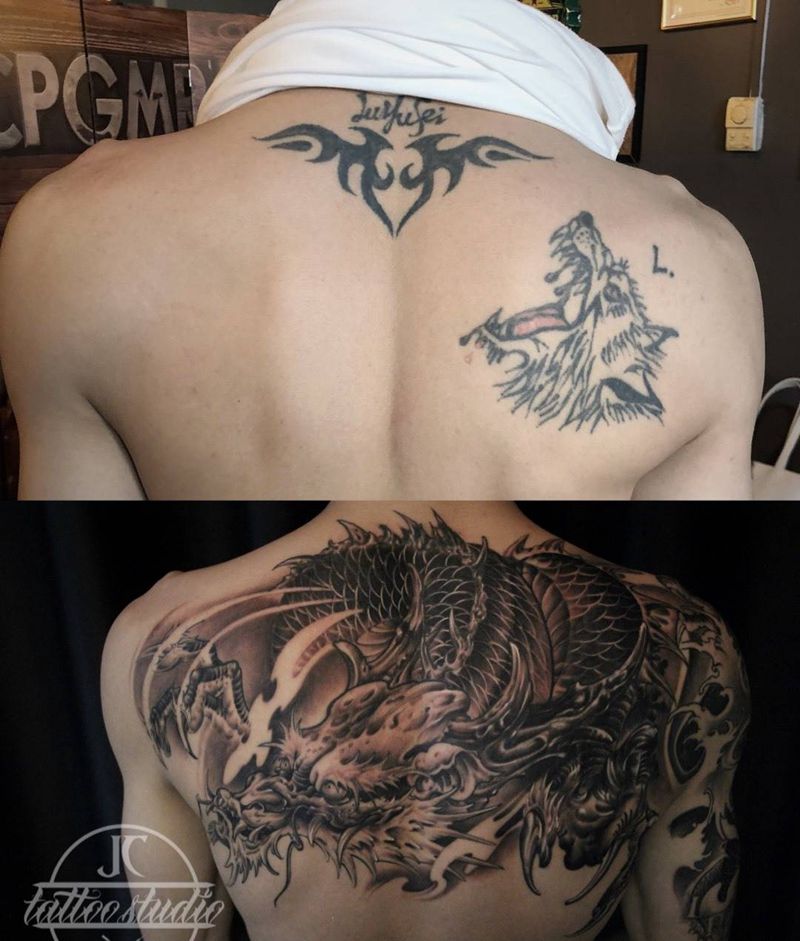 半背龙纹身图片_手部背部新传统老传统纹身图案