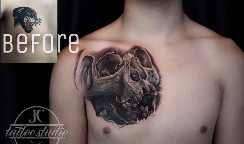 骷髅纹身图片_成品胸部欧美写实鬼神原创覆盖纹身图案