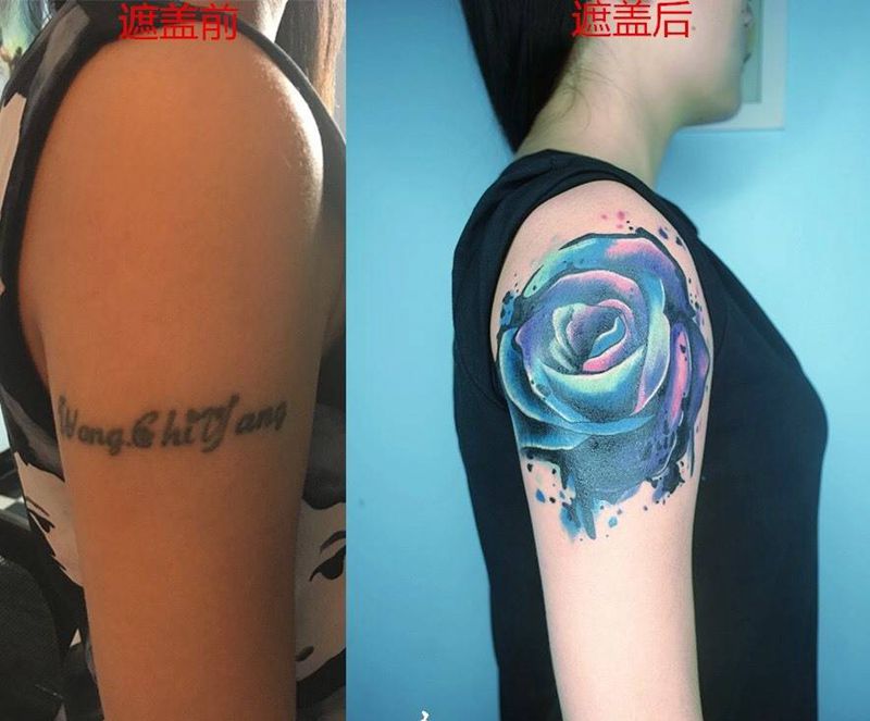 水彩玫瑰花纹身图片_成品手臂欧美水彩植物纹身图案