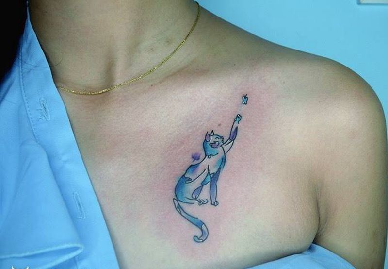 小清新猫作品纹身图片_成品胸部欧美动物水彩纹身图案