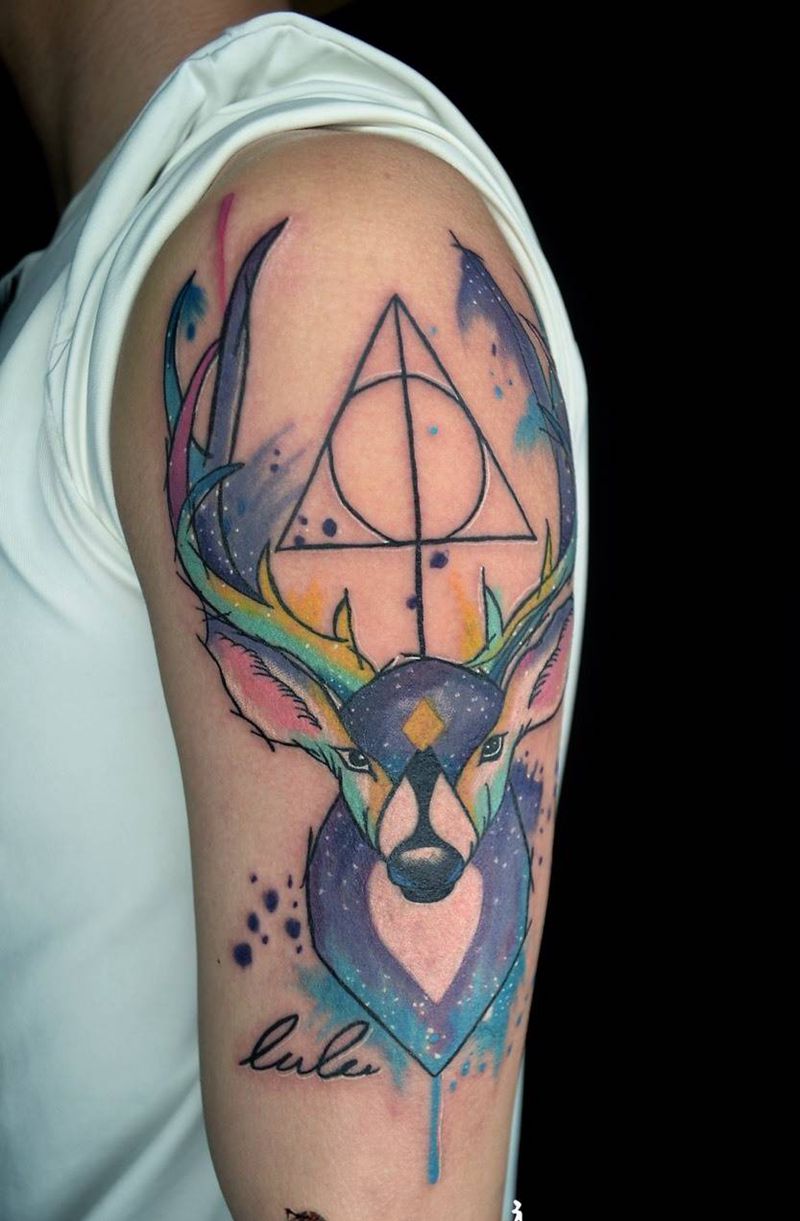 水彩鹿纹身图片_成品手臂欧美花都广州水彩纹身图案
