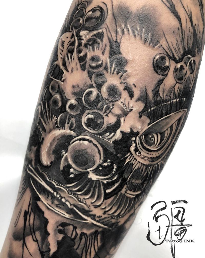 醒獅纹身图片_腿部脚部新传统老传统纹身图案