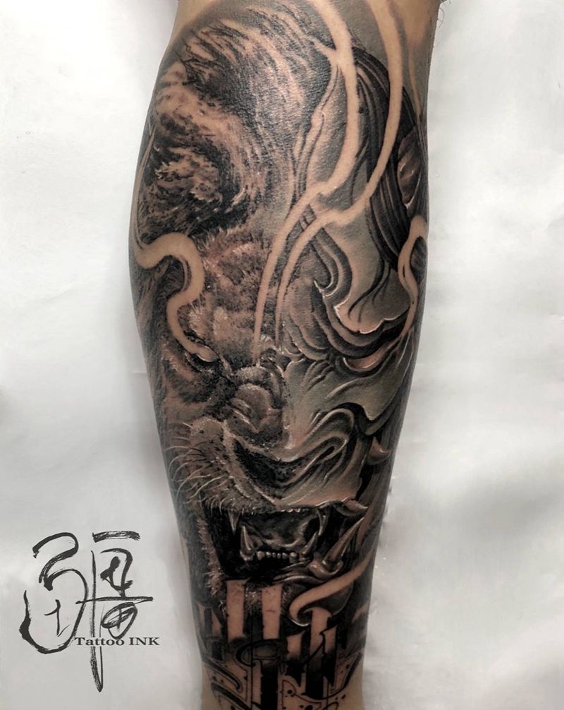 双拼纹身图片_脚部腿部欧美写实新传统纹身图案