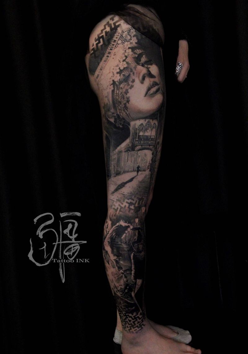 肖象花腿纹身图片_腿部脚部欧美写实点刺人象纹身图案