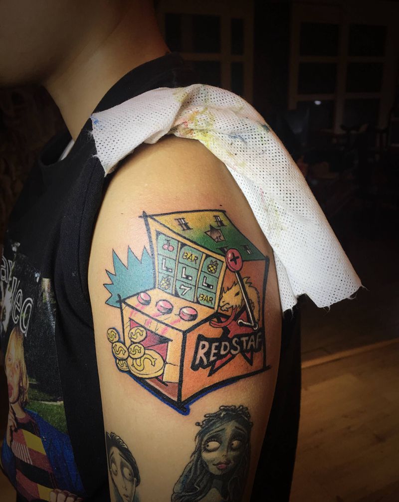 童年老虎机纹身图片_手臂New School几何纹身图案