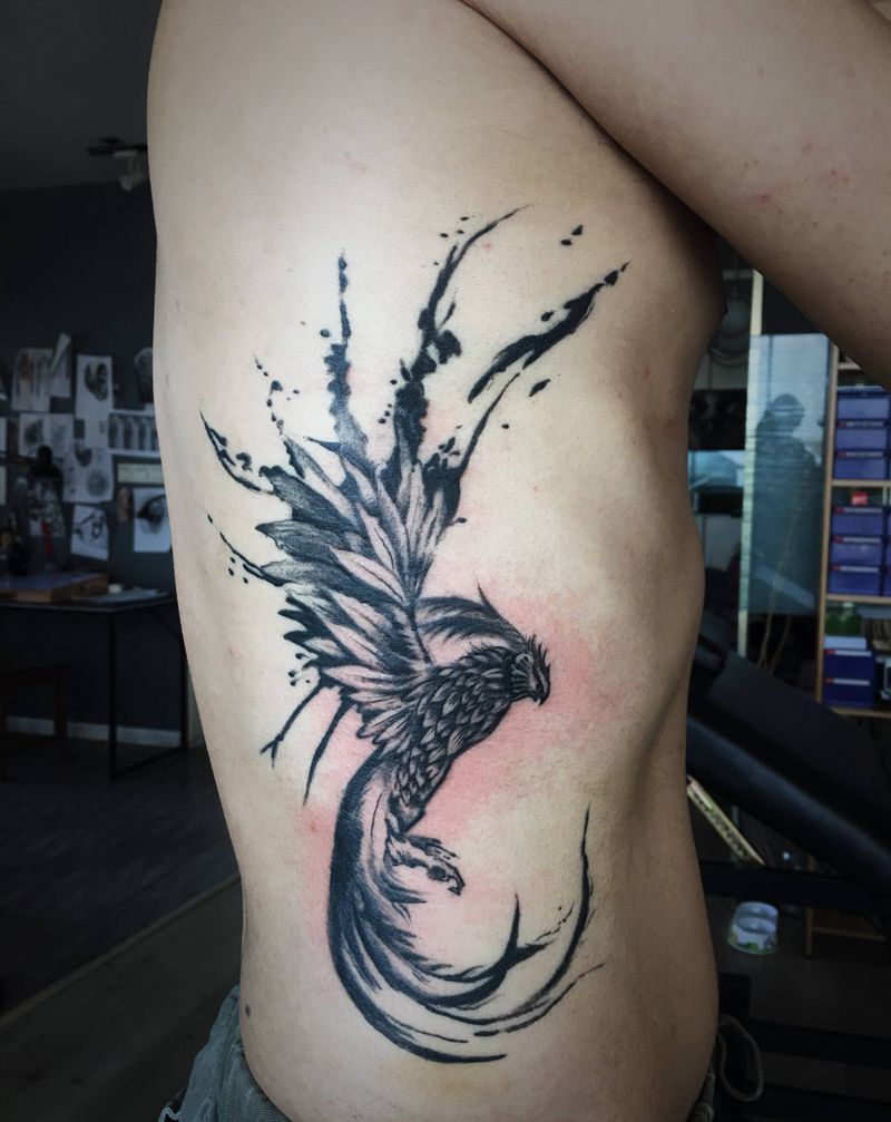 凤凰纹身图片_腰部水彩水墨纹身图案