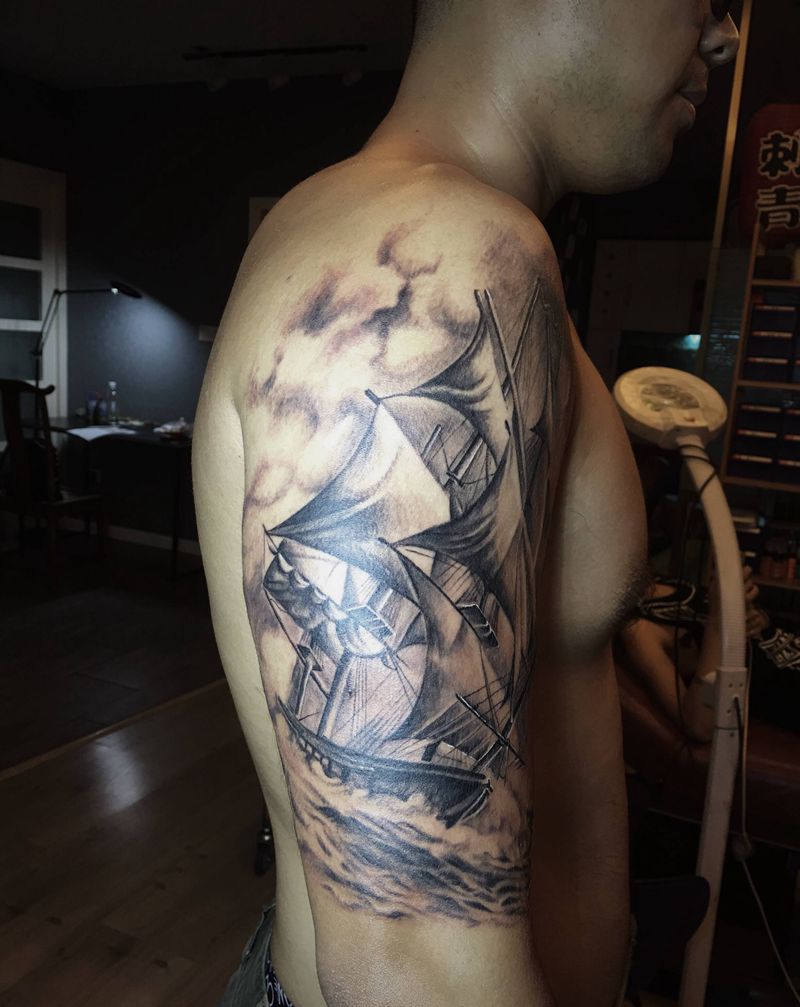 帆船纹身图片_手臂欧美写实纹身图案