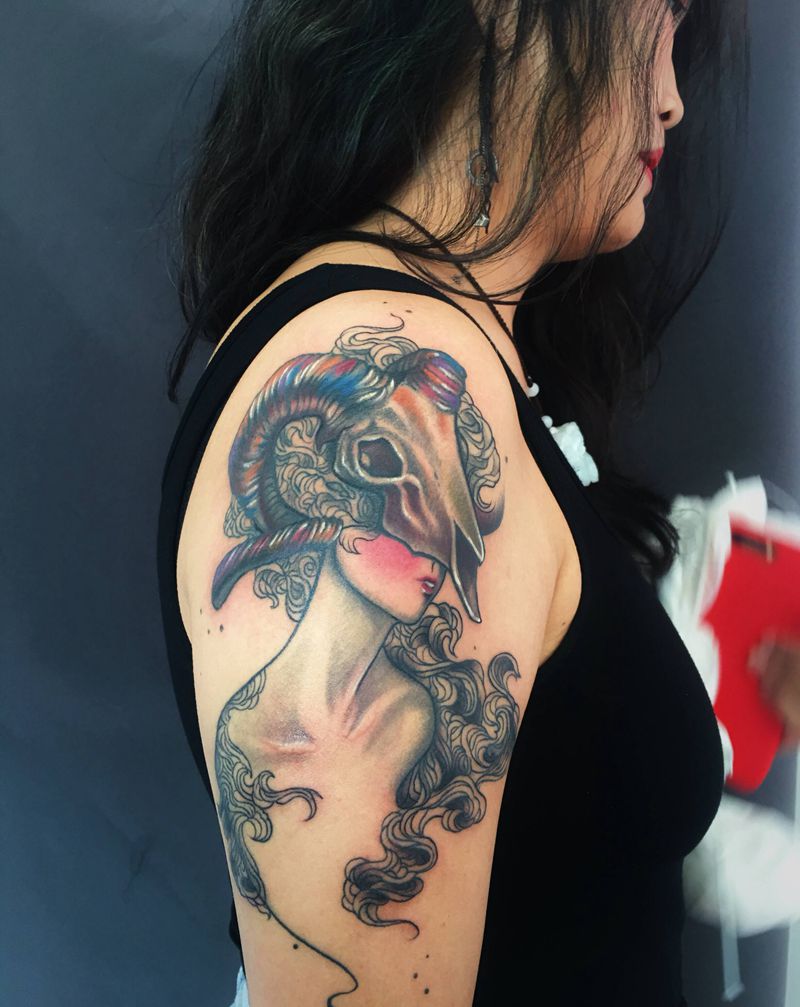 白羊座纹身图片_手臂水彩纹身图案