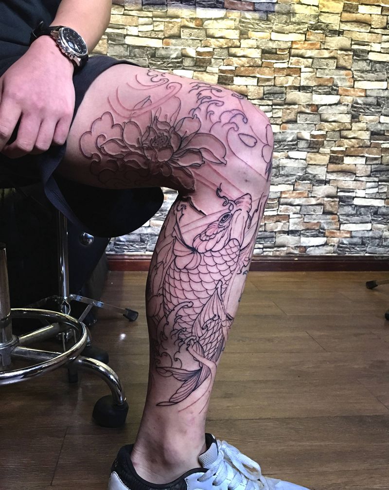 新传统(未完)纹身图片_腿部纹身图案