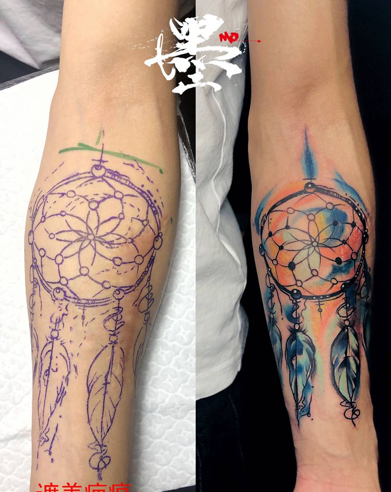 近期遮盖疤痕作品纹身图片_腿部手部New School点刺纹身图案