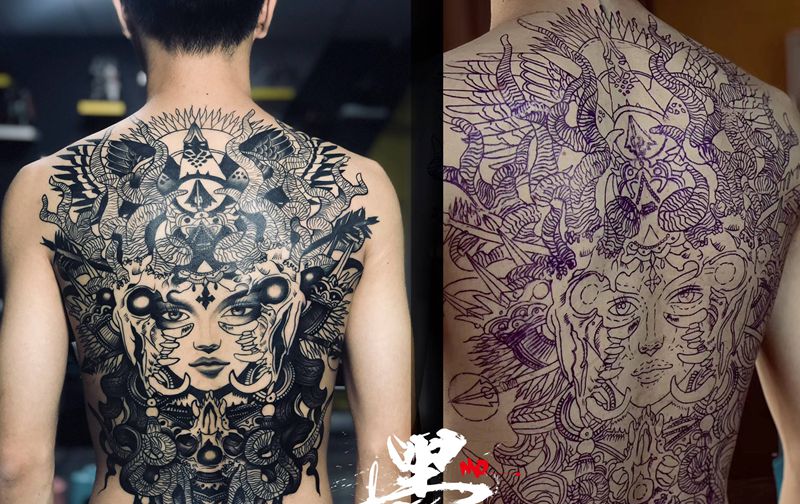 近期遮盖,满背,花臂作品纹身图片_腿部手臂New School新传统纹身图案