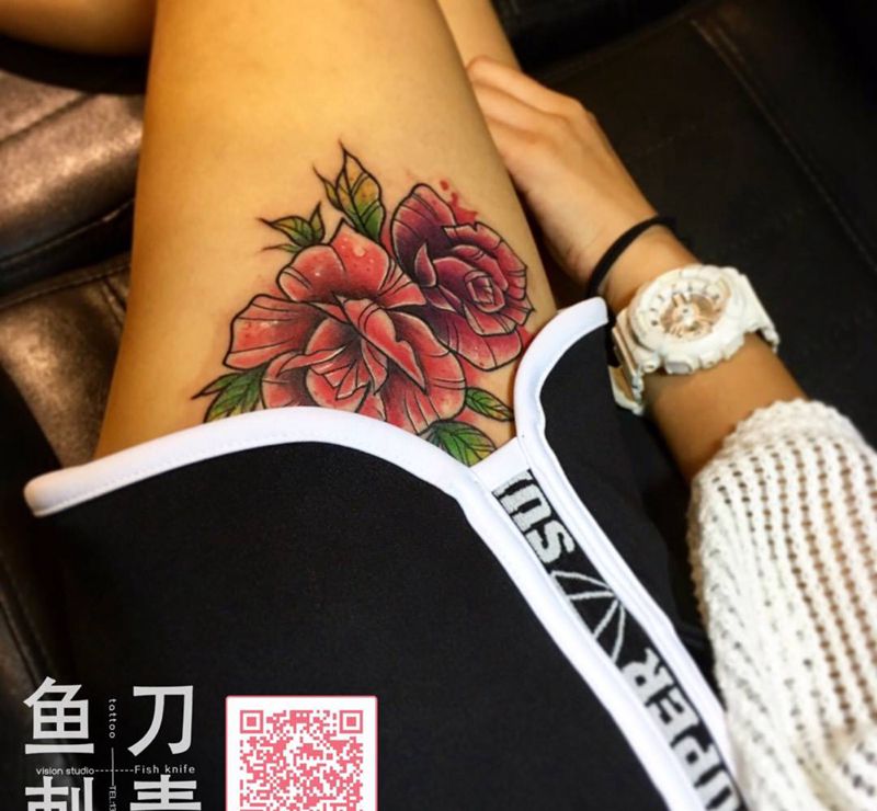 玫瑰纹身图片_韶关植物腿部成品纹身图案