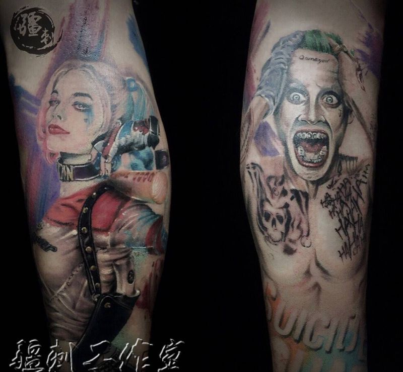 自殺小隊包腿纹身图片_成品腿部欧美人物纹身图案