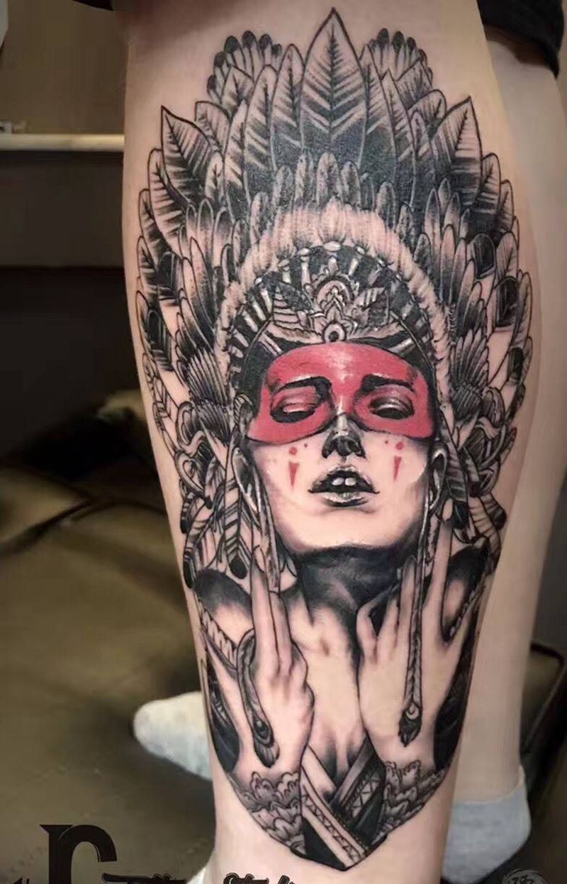 印第安人纹身图片_成品腿部臀部欧美写实清新人物鬼神宗教纹身图案