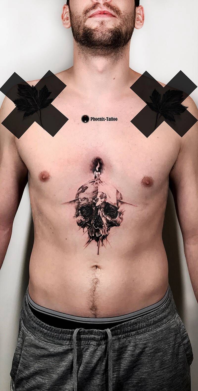 手绘头骨纹身图片_成品手稿插画腹部胸部欧美人物素描几何写实纹身图案