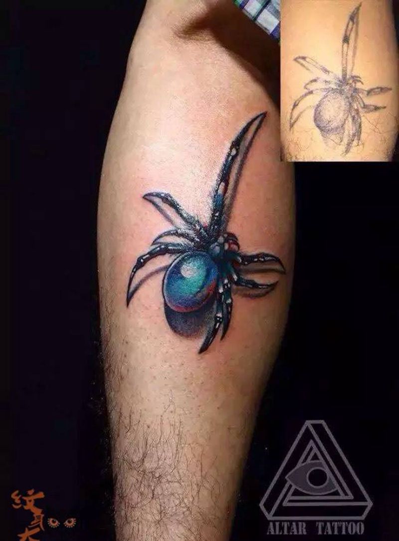 立体蜘蛛纹身图片_清新腿部颈部胸部背部纹身图案