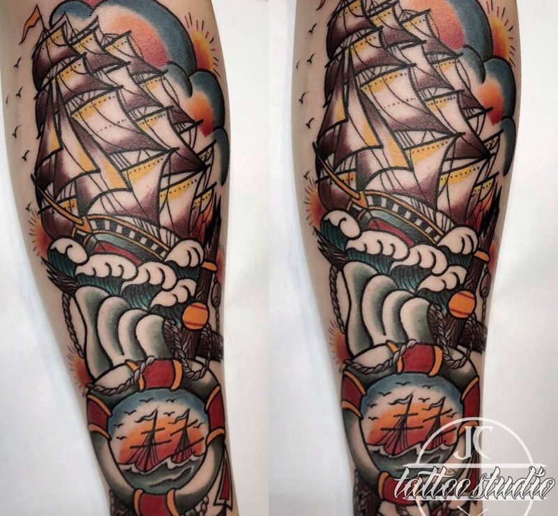 oldschool帆船纹身图片_成品手部手臂欧美传统school纹身图案
