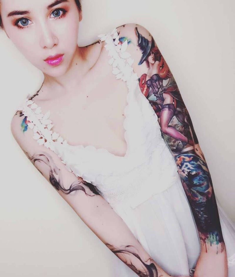 女神纹身图片_背部手臂欧美写实水彩纹身图案