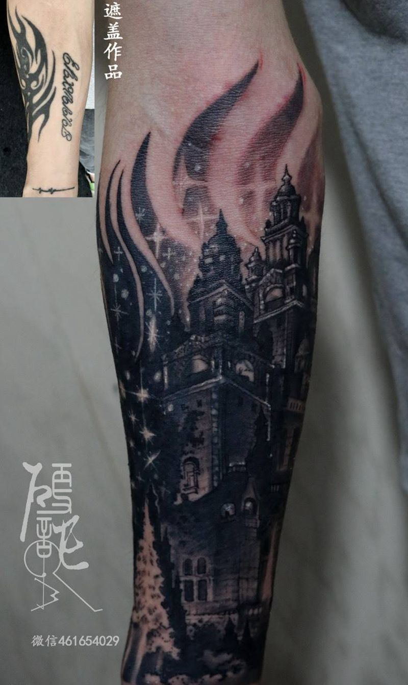 遮盖作品城堡纹身图片_静物原创欧美写实臀部手臂手部腰部腿部纹身图案