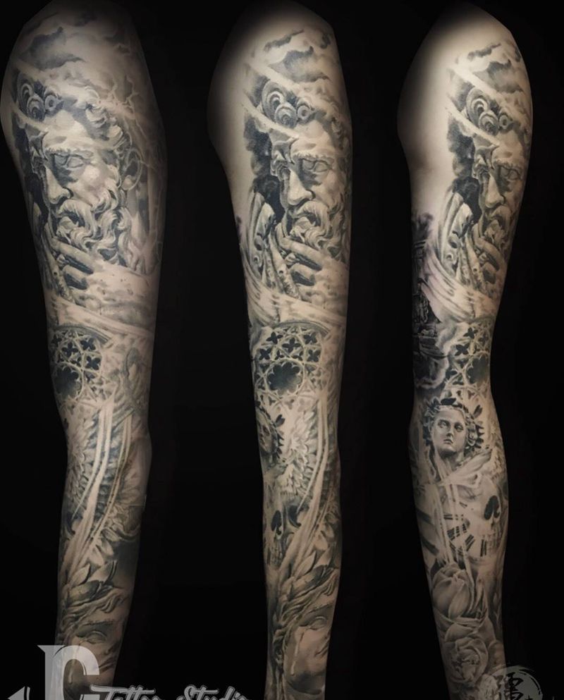歐美花臂纹身图片_成品手臂手部臀部欧美写实宗教原创雕塑鬼神纹身图案