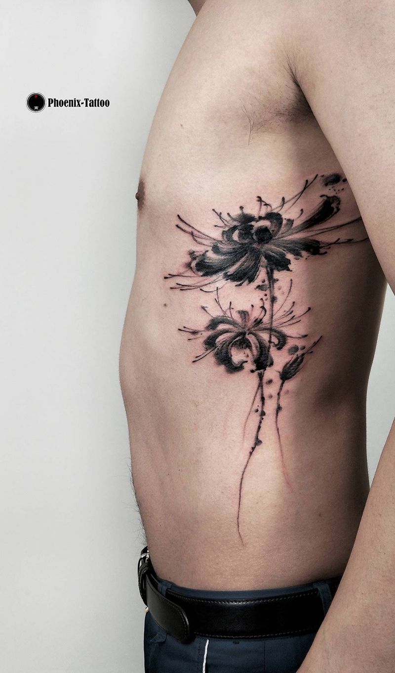 水墨彼岸花纹身图片_成品手稿插画腹部腰部清新国画传统原创水墨纹身图案