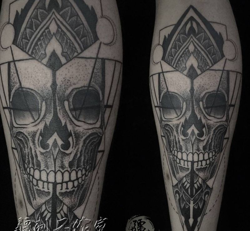 点刺纹身图片_成品腿部脚部欧美清新几何静物鬼神纹身图案