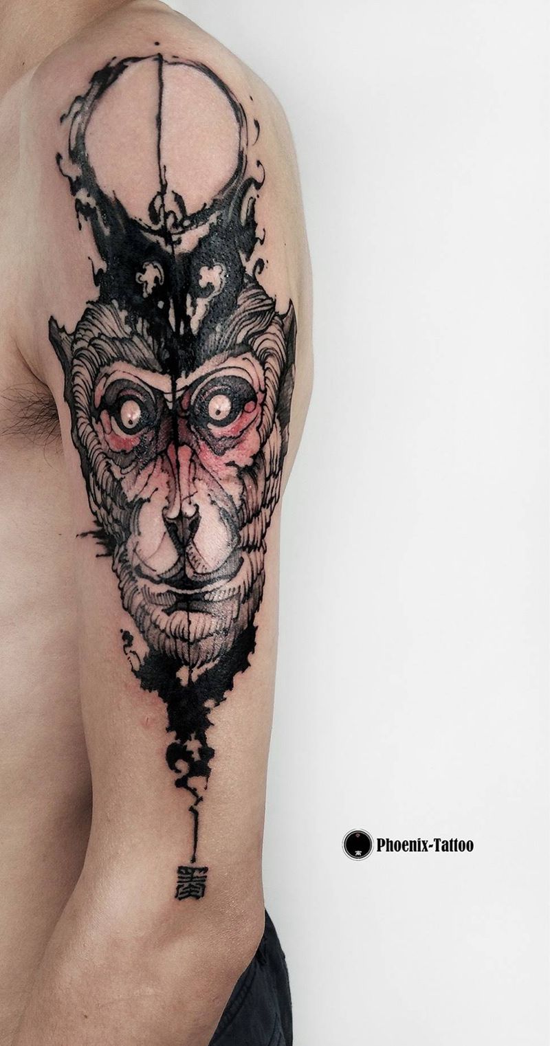 猴 暴力遮蓋纹身图片_成品手臂手部肩部清新动物原创素描手绘纹身图案