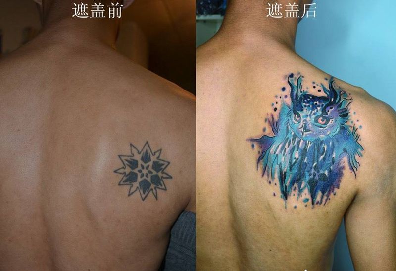 #猫头鹰#纹身图片_背部欧美动物纹身图案