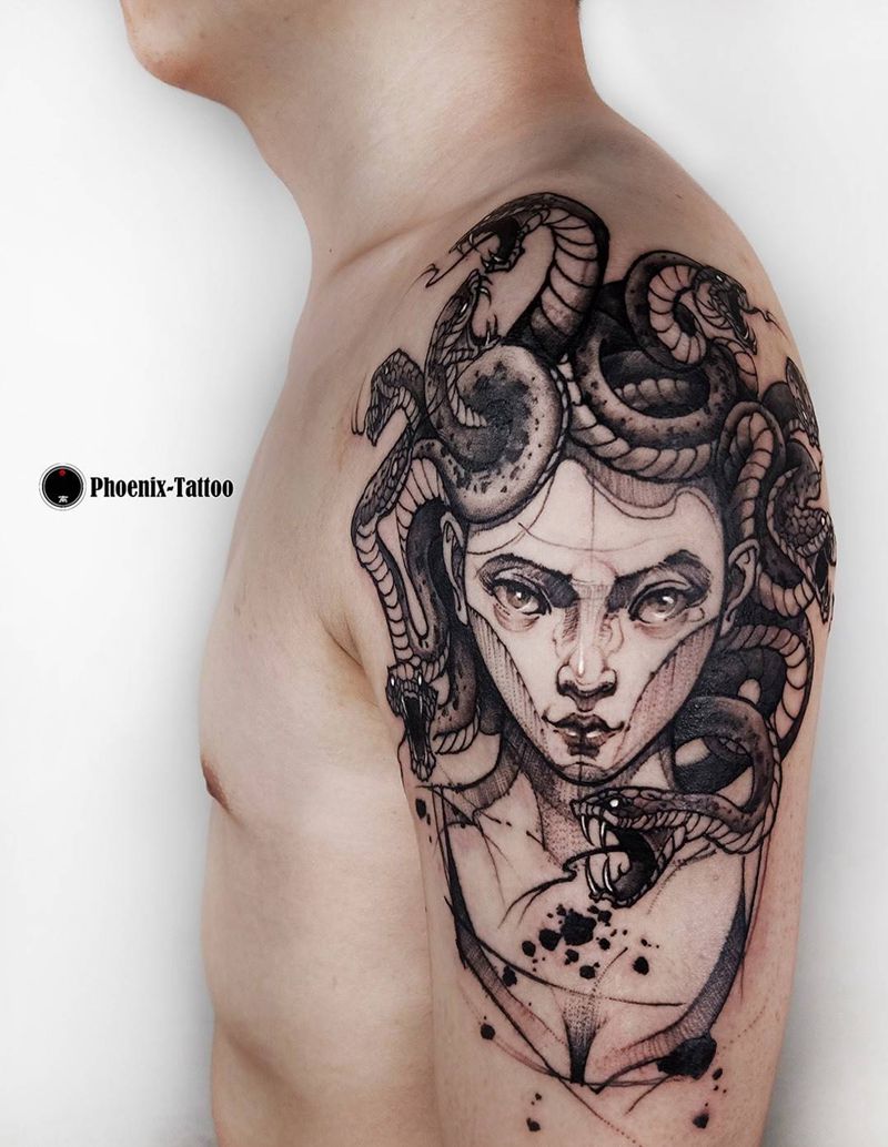 手绘美杜莎纹身图片_成品插画手稿手臂手部肖像人物原创手绘素描纹身图案