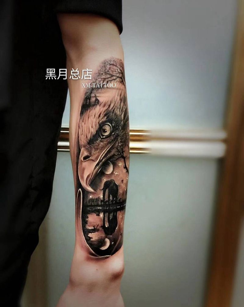 鹰纹身图片_成品手臂写实欧美动物纹身图案