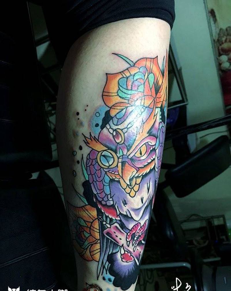 #猫头鹰#纹身图片_腿部欧美动物纹身图案